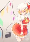  1girl arm_grab ascot blonde_hair bow breast_hold chita_(ketchup) cropped_legs crystal flandre_scarlet gradient gradient_background hair_between_eyes hat hat_bow hat_ribbon highres laevatein looking_at_viewer mob_cap parted_lips puffy_short_sleeves puffy_sleeves red_eyes ribbon short_sleeves side_ponytail signature skirt skirt_set solo touhou wings wrist_cuffs 