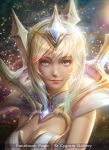  1girl blonde_hair blue_eyes breasts cleavage cleavage_cutout collar dated elementalist_lux eyelashes facebook_username hair_ornament highres large_breasts league_of_legends light_smile looking_at_viewer luxanna_crownguard nutthapon_petchthai short_hair signature solo spiked_collar spikes tiara 