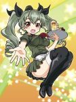  1girl anchovy apron bangs black_boots black_ribbon boots breasts dress drill_hair full_body garrison_cap girls_und_panzer glass green_dress green_hair hair_ribbon hamoto hat highres impossible_clothes impossible_dress long_hair looking_at_viewer medium_breasts military military_uniform mini_hat necktie open_mouth pleated_dress puffy_short_sleeves puffy_sleeves reaching_out red_eyes red_necktie ribbon short_sleeves smile solo star starry_background thigh-highs thigh_boots tray twin_drills twintails uniform waist_apron waitress yellow_background 
