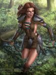 1girl aela_the_huntress armlet arrow boots bow_(weapon) bracer breasts brown_hair chainmail dagger deviantart_username dress elbow_gloves facepaint faulds fingerless_gloves forest fur_trim gloves green_eyes highres leather mirco_cabbia nature patreon_username quiver scabbard sheath sheathed short_dress sideboob signature solo spaulders the_elder_scrolls the_elder_scrolls_v:_skyrim watermark weapon web_address 