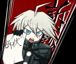  1boy ahoge android black_background blue_eyes dangan_ronpa keebo maguro_no_yukke male_focus new_dangan_ronpa_v3 official_style open_mouth paper power_armor presenting ringed_eyes short_hair silver_hair simple_background 