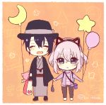  2boys :&lt; ^_^ animal_ears bag balloon blue_hair cat_ears chibi closed_eyes crescent_moon fake_animal_ears haori hat honebami_toushirou japanese_clothes kimono male_focus mikazuki_munechika moon multiple_boys nishiki_koi open_mouth smile star touken_ranbu violet_eyes white_hair 