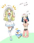  beanie blonde_hair blue_eyes blue_hair blush green_eyes hat highres hikari_(pokemon) lillie_(pokemon) piplup pokemon pokemon_(anime) skirt 