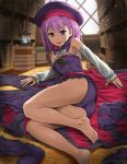 1girl :p armpits ass bare_legs bare_shoulders barefoot book detached_sleeves fate/grand_order fate_(series) flat_chest hat helena_blavatsky_(fate/grand_order) looking_at_viewer panties purple_hair short_hair smile solo strapless tongue tongue_out tree_of_life tsuyadashi_shuuji underwear violet_eyes 