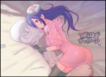  1girl ass bed_sheet black_border black_gloves black_legwear border character_pillow copyright_name dakimakura_(object) gloves hair_over_one_eye headgear hori logo long_hair looking_at_viewer looking_back nurse off_shoulder pillow pillow_hug purple_hair red_eyes scalpel solo stitches syringe thigh-highs tsuki_hagi_nightmare victor_(tsuki_hagi_nightmare) 