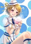  1girl :d blonde_hair blush bowl character_name dress earrings fingerless_gloves food food_on_face garrison_cap gloves hair_ribbon happy_birthday hat holding holding_bowl holding_food idol jewelry knees_up koizumi_hanayo legs_together love_live! love_live!_school_idol_project mini_hat necktie onigiri open_mouth red_necktie ribbon rice rice_on_face sailor_collar sailor_dress sakura_hiyori shirt short_hair sitting smile solo star star-shaped_pupils symbol-shaped_pupils teeth violet_eyes white_gloves white_shirt wonderful_rush yellow_ribbon 