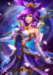  1girl alternate_costume blue_eyes breasts detached_collar elbow_gloves floating_hair gloves hair_ornament highres janna_windforce large_breasts league_of_legends long_hair magical_girl nebula pointy_ears purple_hair ribbon skirt solo staff star star_guardian_janna star_hair_ornament thigh-highs tin_bui 