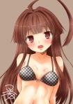  1girl ahoge arms_at_sides black_bra bra breasts brown_eyes brown_hair eyebrows_visible_through_hair fang huge_ahoge kantai_collection kuma_(kantai_collection) lips long_hair navel open_mouth sketch small_breasts underwear underwear_only upper_body yua_(checkmate) 