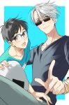  2boys 92_(artist) black_hair blue-framed_eyewear blue_eyes bracelet brown_eyes food glasses highres jewelry katsuki_yuuri male_focus multiple_boys onigiri open_mouth silver_hair sitting smile sunglasses viktor_nikiforov yuri!!!_on_ice 