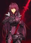  &gt;:) 1girl armor bangs bodysuit breasts covered_navel cowboy_shot eyebrows_visible_through_hair fate/grand_order fate_(series) gae_bolg hair_between_eyes highres holding holding_weapon large_breasts long_hair looking_at_viewer melon22 pauldrons polearm purple_bodysuit purple_hair red_eyes scathach_(fate/grand_order) shoulder_armor smile solo spear very_long_hair weapon 
