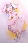  1girl animal_ears black_hair bobby_socks bunny_tail closed_eyes dress full_body happy highres imomushiusagi inaba_tewi leaning_forward open_mouth pink_dress puffy_short_sleeves puffy_sleeves rabbit_ears sash short_sleeves socks solo tail touhou traditional_media watercolor_(medium) wavy_hair 