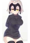  1girl alternate_costume arms_behind_back black_sweater blonde_hair breasts dress fate/grand_order fate_(series) headgear highres impossible_clothes jeanne_alter large_breasts looking_at_viewer narusegawa_riko ruler_(fate/apocrypha) sweater sweater_dress thigh-highs thighs yellow_eyes 