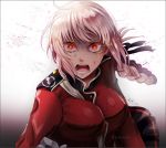  1girl angry between_breasts black_skirt braid breasts chamochi cuts fate/grand_order fate_(series) florence_nightingale_(fate/grand_order) gloves injury large_breasts messy_hair open_mouth pink_hair red_eyes skirt solo teeth tongue twitter_username uniform 