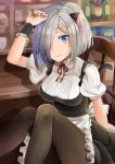 1girl animal_ears apron breasts cat_ears cat_tail commentary commentary_request hair_ornament hair_over_one_eye hairclip hamakaze_(kantai_collection) highres kantai_collection large_breasts maid maid_apron nail_polish ribbon silver_hair tail thigh-highs yuna_(yukiyuna) 