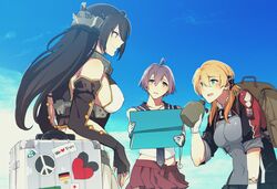  3girls ahoge anchor_hair_ornament anchor_symbol aqua_eyes asakawa_(outeq) backpack bag black_gloves black_hair black_ribbon black_skirt blonde_hair blue_eyes blush breasts canteen case collarbone commentary_request compass elbow_gloves fingerless_gloves flag germany gloves hair_between_eyes hair_ornament hat hat_removed headgear headwear_removed highres japan kantai_collection long_hair looking_at_another low_twintails map military military_uniform miniskirt multiple_girls nagato_(kantai_collection) necktie peace_symbol pleated_skirt prinz_eugen_(kantai_collection) purple_hair red_eyes ribbon sakawa_(kantai_collection) school_uniform serafuku short_hair sideboob skirt sky sleeves_rolled_up smile sticker twintails uniform violet_eyes watch white_gloves 