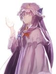  1girl backlighting crescent crescent_hair_ornament dress expressionless hair_ornament hair_ribbon hat long_hair looking_at_viewer mob_cap patchouli_knowledge purple_hair ribbon side_glance simple_background solo touhou tress_ribbon upper_body very_long_hair violet_eyes white_background yamamomo_(plank) 