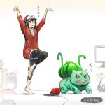  1girl barefoot baseball_cap blush brown_eyes brown_hair bulbasaur crane_stance female_protagonist_(pokemon_go) fumuna handheld_game_console hat leggings nintendo_3ds open_mouth partially_translated plant pokemon pokemon_(creature) pokemon_go ponytail smile television translation_request vines 