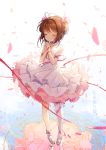  1girl antenna_hair breasts brown_hair card_captor_sakura character_name cherry_blossoms cleavage dr_poapo dress highres kinomoto_sakura magic_circle reflection ribbon ripples short_hair solo tears white_dress 