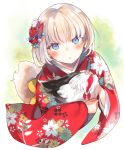  1girl bird blonde_hair blue_eyes blush chicken floral_print flower from_above furisode hair_flower hair_ornament holding japanese_clothes kanzashi kimono looking_at_viewer looking_up original parted_lips short_hair solo tsunekichi wide_sleeves 