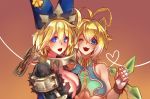  2girls :d ;d absurdres ahoge alternate_color alternate_eye_color alternate_hair_color althea_jade animal_ears antenna_hair artist_name blazblue blonde_hair blue_eyes breasts chains cleavage collar crop_top elphelt_valentine fingerless_gloves gloves guilty_gear guilty_gear_xrd highres large_breasts looking_at_viewer makoto_nanaya metal_collar multicolored_hair multiple_girls one_eye_closed open_mouth revealing_clothes smile spiked_collar spikes squirrel_ears tonfa two-tone_hair under_boob weapon 