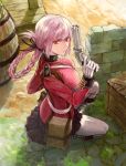  1girl barrel braid crate fate/grand_order fate_(series) florence_nightingale_(fate/grand_order) gun highres lanyard long_braid looking_at_viewer pink_hair red_eyes single_braid solo squatting stone_walkway stone_wall wall weapon 