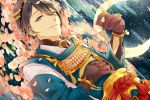  1boy black_gloves black_hair blue_eyes crescent_moon dutch_angle egasumi gari_(apollonica) gloves japanese_clothes lying male_focus mikazuki_munechika moon on_back partially_submerged petals sayagata sky smile star_(sky) starry_sky touken_ranbu water 