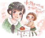  2girls :d birthday black_hair brown_hair cake dated food green_legwear happy_birthday kneehighs love_lab minase_inori miyahara_ruri multiple_girls necktie open_mouth partially_translated polka_dot school_uniform seiyuu seiyuu_connection smile sweater tanahashi_suzune translation_request 