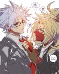  2boys adjusting_clothes adjusting_necktie answer_(guilty_gear) bespectacled blonde_hair blue_eyes chipp_zanuff face_mask formal glasses guilty_gear guilty_gear_xrd long_hair male_focus mask multiple_boys ninja oro_(sumakaita) ponytail red_eyes semi-rimless_glasses short_hair spiky_hair suit third_eye under-rim_glasses white_hair 