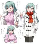  :d ;3 ;d aqua_hair bag blush breasts casual chopsticks furrowed_eyebrows green_eyes hair_ornament hairclip jacket kantai_collection long_hair looking_at_viewer multiple_views one_eye_closed open_clothes open_jacket open_mouth plastic_bag ribbed_sweater scarf smile suzuya_(kantai_collection) sweater translated turtleneck turtleneck_sweater youkan 