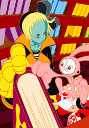  1boy 2000s_(style) 2girls amp_(cool_cool_toon) bandaged_hand bandages baseball_cap black_headphones black_hood black_outline black_sleeves blonde_hair blue_outline bodysuit bolt_(hardware) bookshelf bug_print child clenched_teeth closed_mouth collar collarbone collared_dress colored_skin concept_art cool_cool_toon dot_nose dress expressionless eyelashes forehead from_above green_outline green_skin grey_outline gyoubu_ippei hand_on_book hat high_collar hood hood_up hooded_shirt indoors jpeg_artifacts library lips looking_up multiple_girls object_through_head official_art orange_collar orange_dress orange_eyes orange_outline outline oversized_object pink_bodysuit pink_outline purple_outline rabbit ranke_(cool_cool_toon) red_collar red_eyes red_sleeves screw_in_head shirt short_hair sitting sitting_on_head sitting_on_person sleeve_cuffs snk standing stitched_chest stitched_face stitches striped_clothes striped_shirt tachi-e tail tall_female teeth third-party_source toon_(style) turtleneck two-tone_shirt upturned_eyes white_hat white_lips white_outline white_shirt white_sleeve_cuffs yellow_outline yusa_(cool_cool_toon) 