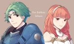  1girl alm_(fire_emblem) armor bare_shoulders breasts celica_(fire_emblem) circlet cleavage copyright_name dress earrings fire_emblem fire_emblem_echoes:_mou_hitori_no_eiyuuou green_eyes green_hair ichikeita jewelry lipstick long_hair makeup pauldrons red_eyes redhead simple_background sleeveless smile strapless strapless_dress tiara upper_body weapon 