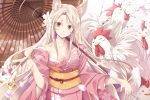  1girl animal animal_ears bird chicken collarbone highres holding japanese_clothes kimono kiseru light_smile long_hair looking_at_viewer oriental_umbrella original pipe red_eyes rooster satomi solo umbrella white_hair year_of_the_rooster 