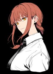  1girl absurdres black_background black_necktie braid braided_ponytail breasts business_suit chainsaw_man collared_shirt colorized formal highres long_hair looking_at_viewer lughost makima_(chainsaw_man) medium_breasts medium_hair necktie redhead ringed_eyes shirt shirt_tucked_in sidelocks smile solo suit upper_body white_shirt yellow_eyes 