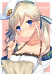  1girl bangs beret blonde_hair blush breasts character_name cleavage eyebrows_visible_through_hair granblue_fantasy hat highres holding holding_pencil kukuru_(granblue_fantasy) large_breasts long_hair looking_at_viewer nan_(jyomyon) parted_lips pencil solo twintails upper_body violet_eyes 