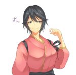  1girl akaneyu_akiiro alternate_hairstyle black_eyes black_hair hakama houshou_(kantai_collection) japanese_clothes kantai_collection looking_at_viewer musical_note short_hair simple_background smile solo tasuki white_background 