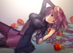  1girl apple bodysuit breasts covered_navel fate/grand_order fate_(series) food fruit long_hair looking_at_viewer lying naomi_(fantasia) on_back purple_hair red_eyes scathach_(fate/grand_order) solo torn_bodysuit torn_clothes 