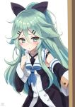  blue_eyes blush green_hair kantai_collection long_hair personification ribbon seifuku yamakaze_(kantai_collection) 