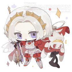  1girl armor armored_dress arms_up axe black_gloves cape chibi chibi_only commentary_request commission crossover edelgard_von_hresvelg fire_emblem fire_emblem:_three_houses floating floating_hair furry gloves hair_floating_upwards headband headpiece highres holding holding_axe holding_weapon long_hair looking_at_viewer looking_to_the_side open_mouth parted_bangs pokemon raboot red_cape red_eyes shiinakojima standing violet_eyes weapon white_background white_hair 