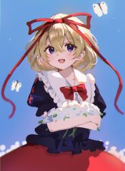  1girl blonde_hair blue_eyes bow bug butterfly crossed_arms flower frilled_shirt_collar frills hair_bow hair_ribbon highres lily_of_the_valley medicine_melancholy open_mouth puffy_sleeves rakugakiman2222 ribbon shirt short_hair short_sleeves simple_background skirt smile solo touhou 