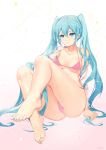  1girl adjusting_clothes adjusting_swimsuit aqua_eyes aqua_hair atdan barefoot bikini breasts hair_between_eyes hatsune_miku highres legs long_hair looking_at_viewer medium_breasts nail_polish off_shoulder pink_bikini signature sitting smile solo swimsuit toes twintails very_long_hair vocaloid 