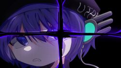  1girl absurdres beret black_background black_hat cable hat headgear highres looking_at_viewer parted_lips portrait purple_hair short_hair sn_(sn_utu00) social_media_composition solo stitched utane_uta utau violet_eyes 