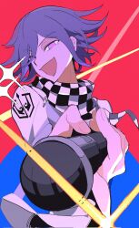  1boy checkered_clothes checkered_scarf commentary danganronpa_(series) danganronpa_v3:_killing_harmony flipped_hair foreshortening hair_between_eyes highres holding holding_microphone long_sleeves looking_at_viewer male_focus microphone oma_kokichi one_eye_closed open_mouth pink_eyes purple_hair ringed_eyes scarf short_hair smile solo sparkle stage_lights symbol-only_commentary two-tone_scarf upper_body violet_eyes zai_ya 