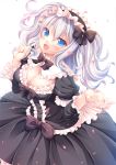  1girl alternate_costume black_dress blue_eyes blush bow bowtie breasts cherry_blossoms cleavage dress frilled_dress frilled_sleeves frills from_above gothic_lolita hairband headdress izumi_akane kantai_collection kashima_(kantai_collection) large_breasts lolita_fashion lolita_hairband long_hair looking_at_viewer medium_breasts open_mouth silver_hair simple_background smile solo twintails white_background 
