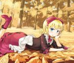  1girl bell blonde_hair blue_eyes blush boots chin_rest cross-laced_footwear forest hair_ribbon lace-up_boots leaf looking_at_viewer lying medicine_melancholy mito_tsubaki nature on_stomach open_mouth ribbon solo touhou 