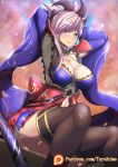  1girl armpits arms_up asymmetrical_hair backlighting black_legwear blush breasts cleavage detached_sleeves earrings fate/grand_order fate_(series) floral_print hair_ornament highres japanese_clothes jewelry katana kimono large_breasts lavender_hair long_hair long_sleeves looking_at_viewer magatama miyamoto_musashi_(fate/grand_order) navel ponytail ribbon sash sitting smile solo sword thigh-highs torahime_(roland00) violet_eyes weapon 