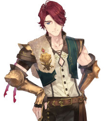  1boy absurdres armor atelier_(series) belt blue_eyes brown_belt brown_pants buckle closed_mouth collared_shirt cowboy_shot fingerless_gloves gloves green_jacket hair_over_one_eye hands_on_own_hips highres jacket looking_at_viewer male_focus nelke_to_densetsu_no_renkinjutsushi_tachi noco_(adamas) official_art pants redhead shirt short_hair shoulder_armor simple_background smile solo standing white_background white_shirt 