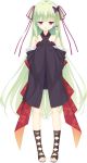  1girl :o butterfly_hair_ornament floral_print full_body green_hair hair_ornament hair_ribbon halterneck highres jitome kobuichi long_hair looking_at_viewer murasame_(senren) official_art open_toe_shoes red_eyes ribbon senren_banka shoes sleeves_past_wrists solo transparent_background two_side_up very_long_hair 