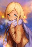  1girl :o aqua_eyes blonde_hair blurry blush coat dark_skin depth_of_field idolmaster idolmaster_cinderella_girls layla_(idolmaster) long_hair looking_at_viewer mia_(miaflocon) open_mouth outdoors parted_lips scarf solo sunset upper_body winter_clothes 