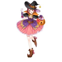  1girl :d atelier_(series) atelier_questboard atelier_sophie belt black_capelet black_choker boots brown_belt brown_eyes brown_footwear capelet choker commentary_request crescent full_body ghost halloween_costume hat hat_ornament highres jack-o&#039;-lantern looking_at_viewer official_alternate_costume official_art open_mouth pink_skirt pointy_footwear pumpkin purple_shirt redhead second-party_source shirt short_hair simple_background skirt smile solo sophie_neuenmuller standing star_(symbol) star_hat_ornament white_background witch witch_hat 