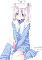  1girl between_legs blue_dress blue_eyes blue_socks closed_mouth dress foot_out_of_frame hair_between_eyes hand_between_legs highres light_blush long_hair long_sleeves original shoes sidelocks simple_background sitting sleeves_past_fingers sleeves_past_wrists socks solo usamiusamimii white_background white_hair 